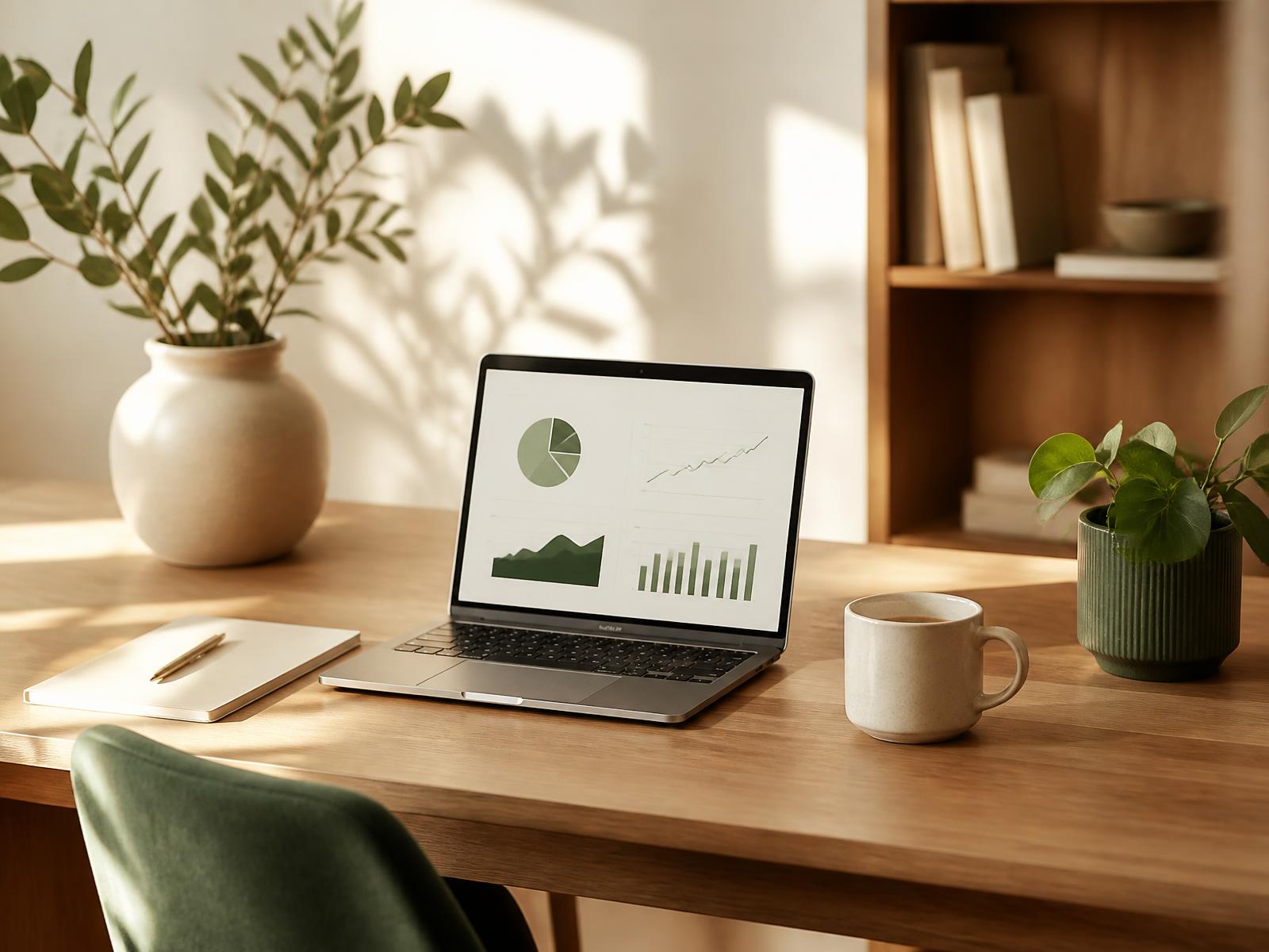 A calm, organised desk with a laptop showing business performance charts